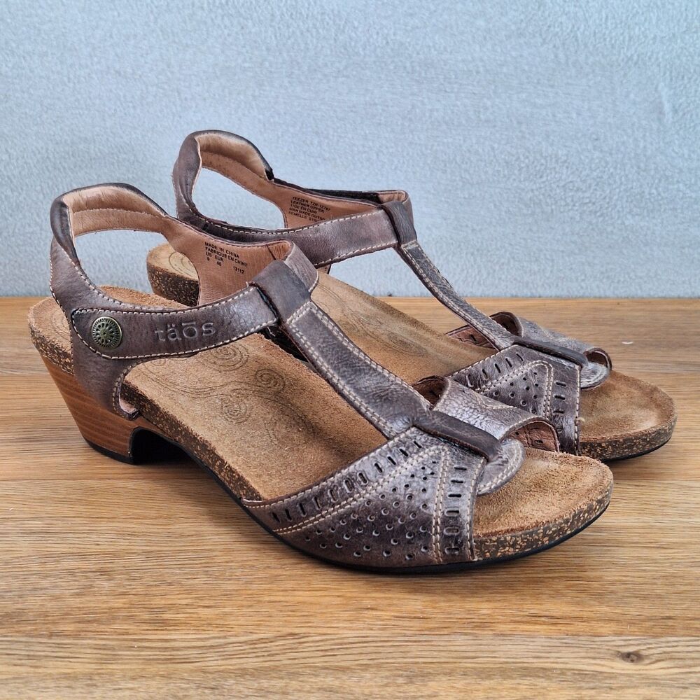 Taos Teezer Women's 9 EU 40 Slingback Sandals Brown Leather Wood Heel Open Toe